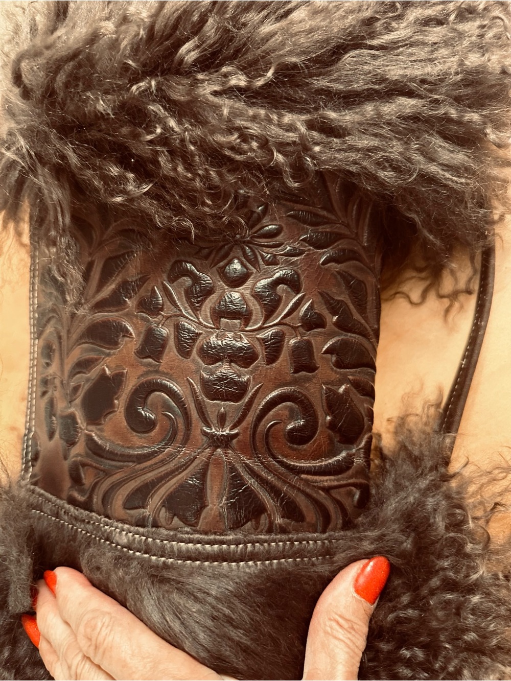 Holy Cow Couture Wild One crossbody purse, #17110. Tibetan Lamb, Chocolate Brown